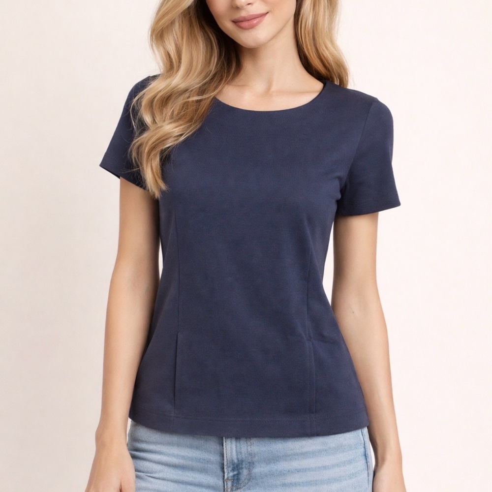 Boden Shirt Womens Size 6 Navy Blue Short Sleeve Zip Back Cotton Blend NEW